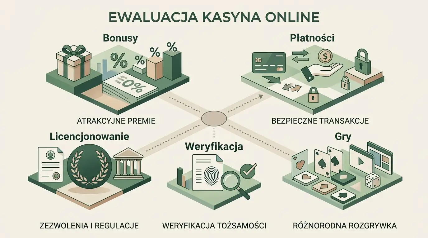 Neutralna ilustracja procesu oceny bonusu, płatności, gier, konta i licencji